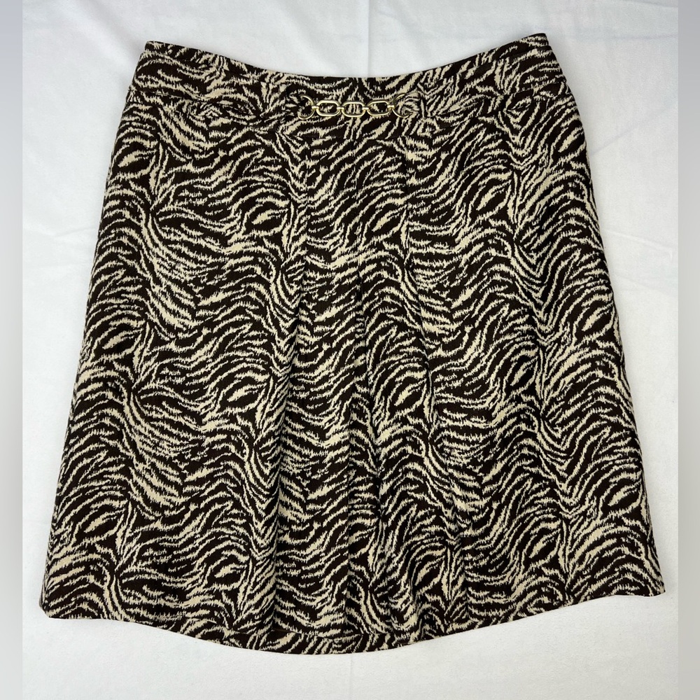 Ann Taylor Gold Chain Pleated Brown & Tan Print Superfine Wool Silk Skirt Sz 10